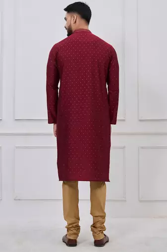 maroon embellished silk blend kurta pajama set for men