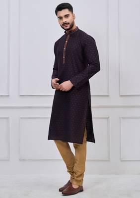 dark purple silk blend festive kurta pajama set for men 2