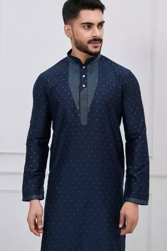 midnight blue embellished silk blend festive kurta pajama set