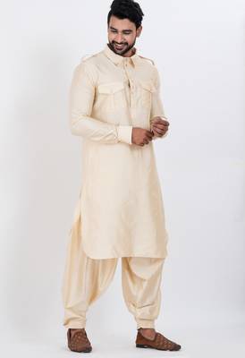 cream viscose blend classic pathani suit set for men 3