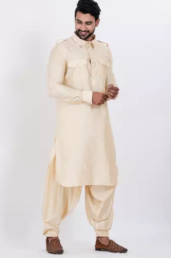cream viscose blend classic pathani suit set for men