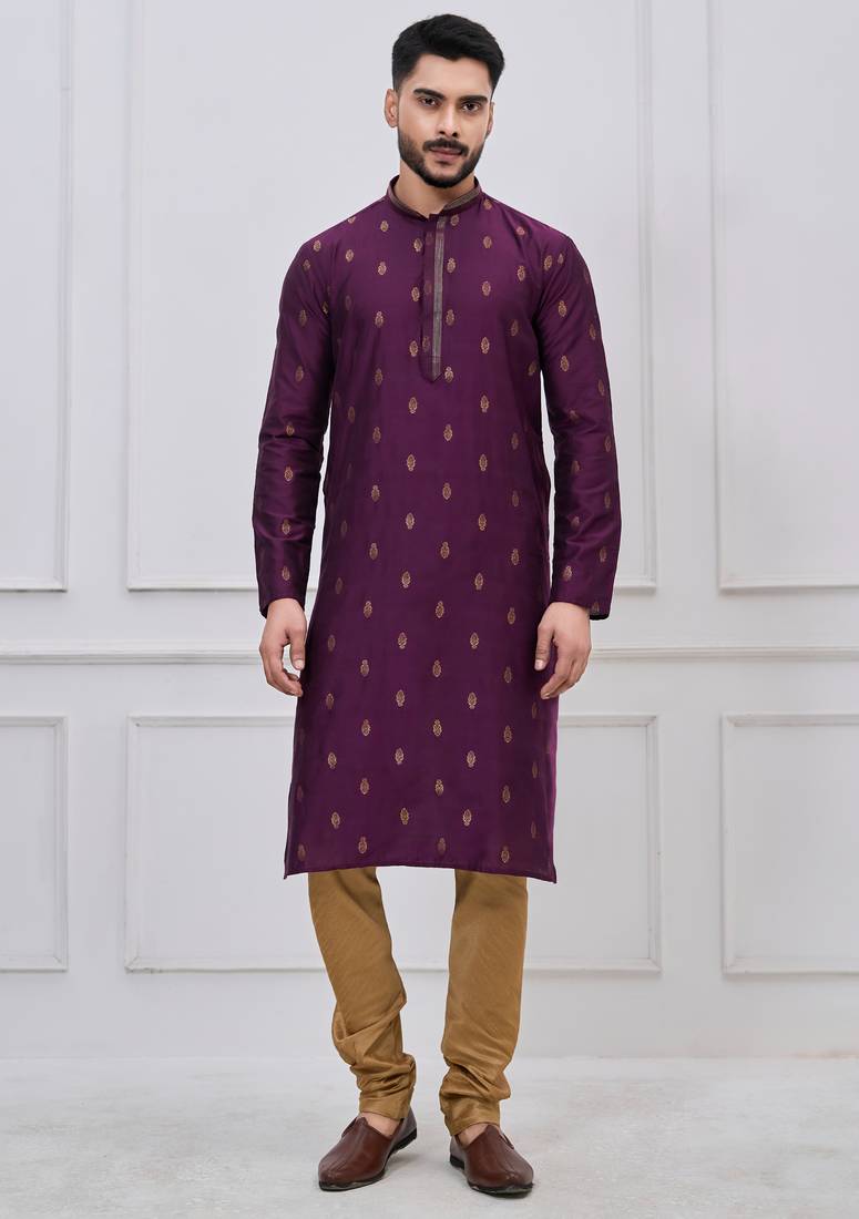 Purple silk premium designer festive wear kurta pyjama set