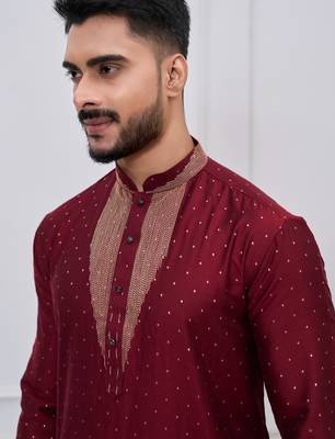 maroon embellished silk blend festive kurta pajama set 4