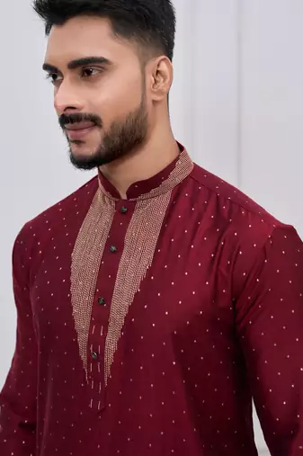 maroon embellished silk blend festive kurta pajama set