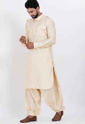cream viscose blend classic pathani suit set for men 4