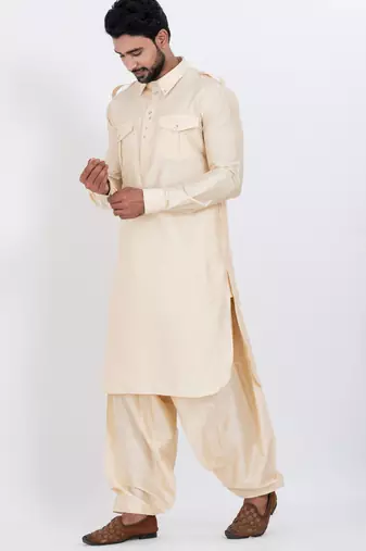 cream viscose blend classic pathani suit set for men