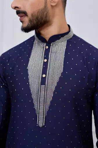 navy blue embellished silk blend festive kurta pajama set