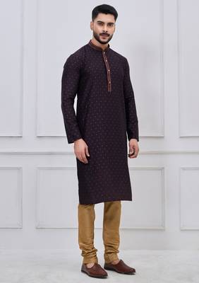 dark purple silk blend festive kurta pajama set for men 3