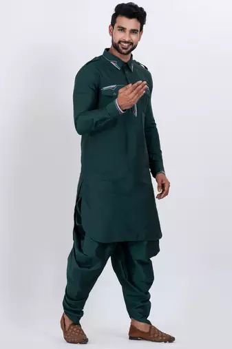 dark green viscose blend designer pathani suit set