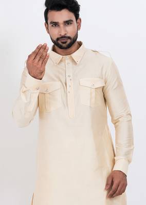 cream viscose blend classic pathani suit set for men 5