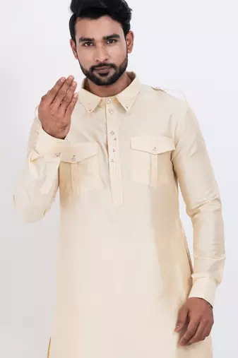 cream viscose blend classic pathani suit set for men