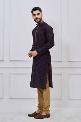 dark purple silk blend festive kurta pajama set for men 4
