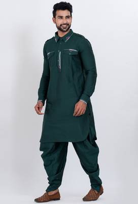 dark green viscose blend designer pathani suit set 4