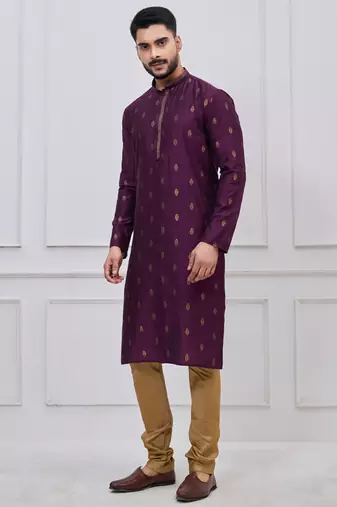 royal purple woven motif silk blend kurta pajama set