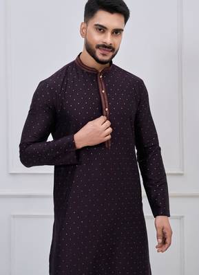 dark purple silk blend festive kurta pajama set for men 5