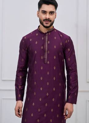 royal purple woven motif silk blend kurta pajama set 4