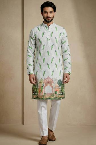 Multicolor mix cotton with schiffli work & digital print premium designer festive wear kurta trouser set