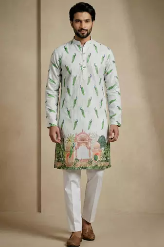 Multicolor mix cotton with schiffli work & digital print premium designer festive wear kurta trouser set