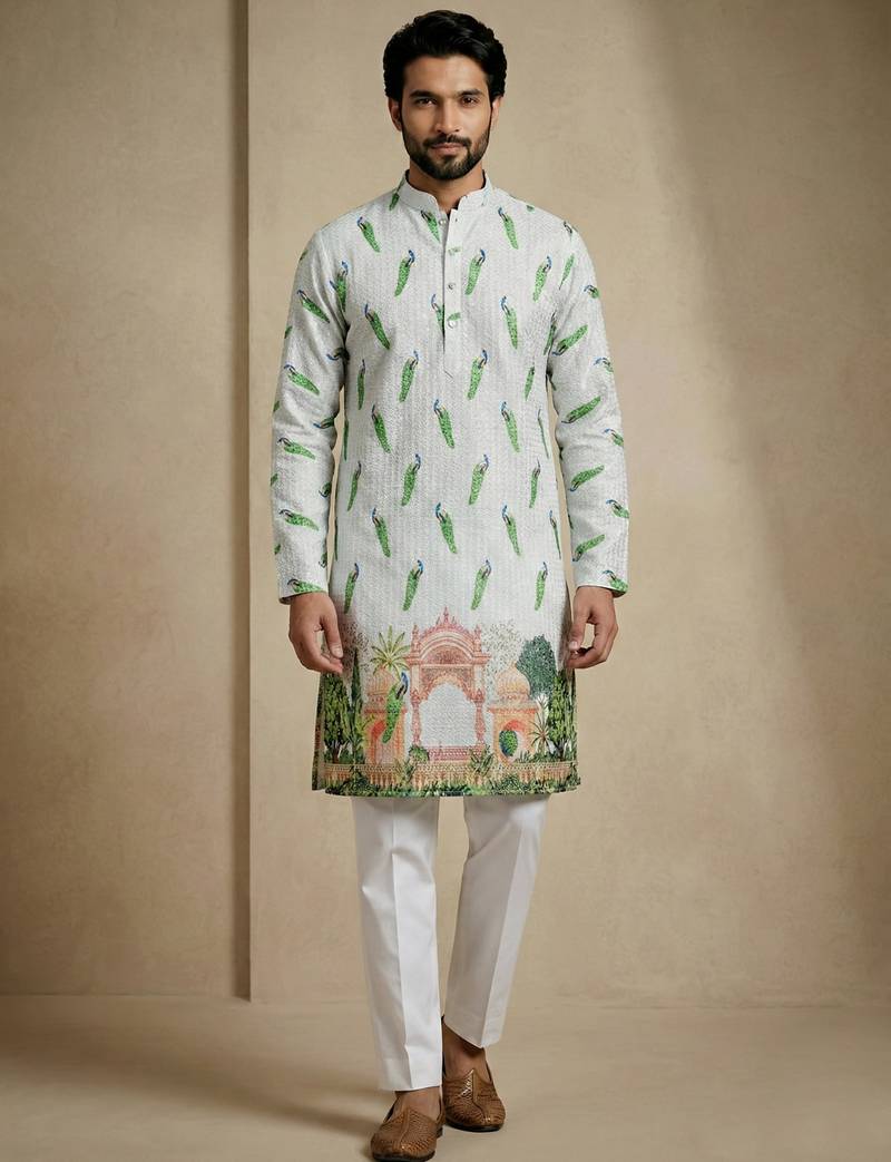 Multicolor mix cotton with schiffli work & digital print premium designer festive wear kurta trouser set