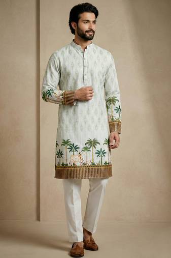 Multicolor mix cotton with schiffli work & digital print premium designer festive wear kurta trouser set