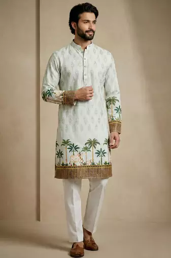 Multicolor mix cotton with schiffli work & digital print premium designer festive wear kurta trouser set