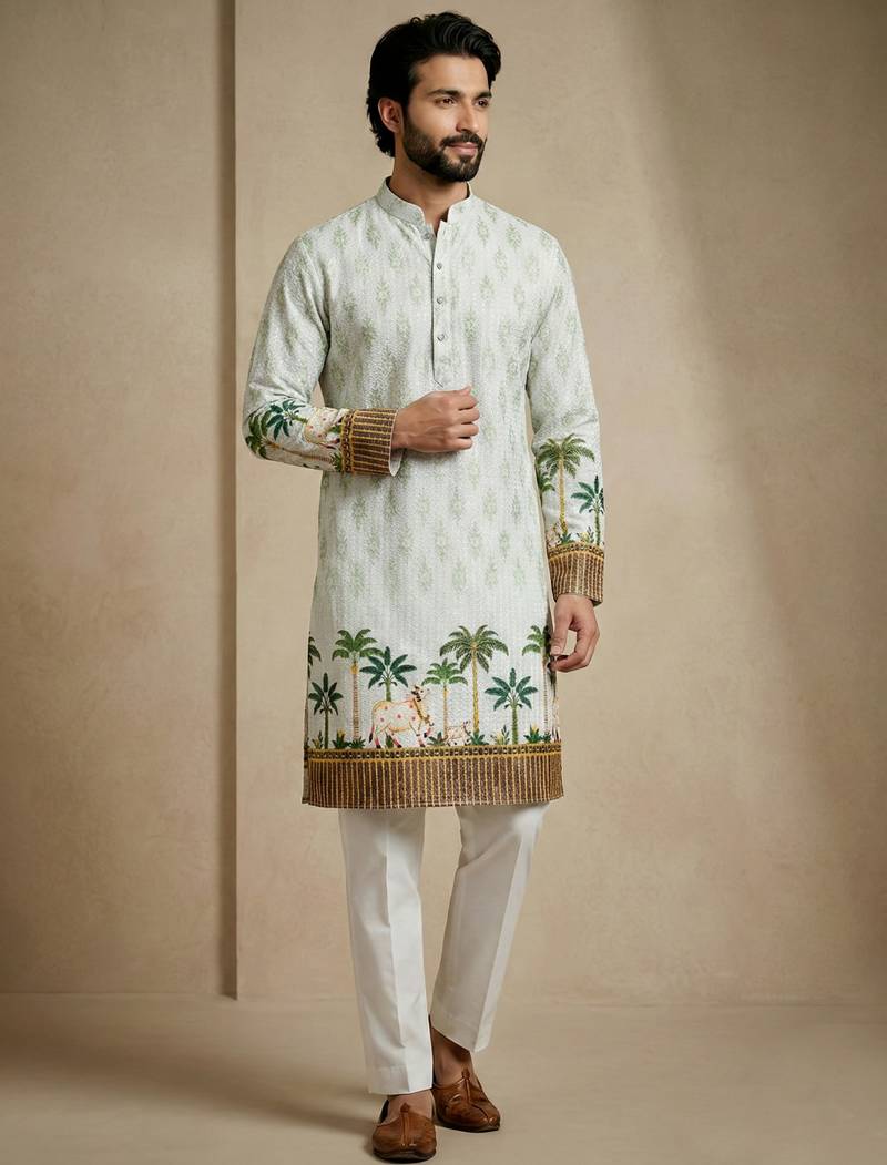 Multicolor mix cotton with schiffli work & digital print premium designer festive wear kurta trouser set