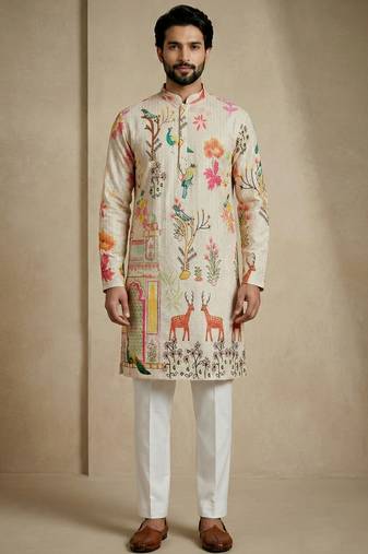 Multicolor mix cotton with schiffli work & digital print premium designer festive wear kurta trouser set