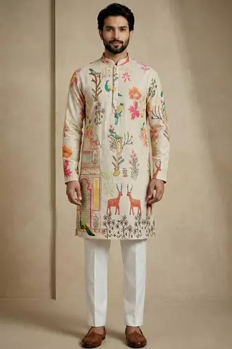 Multicolor mix cotton with schiffli work & digital print premium designer festive wear kurta trouser set