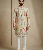 Multicolor mix cotton with schiffli work & digital print premium designer festive wear kurta trouser set