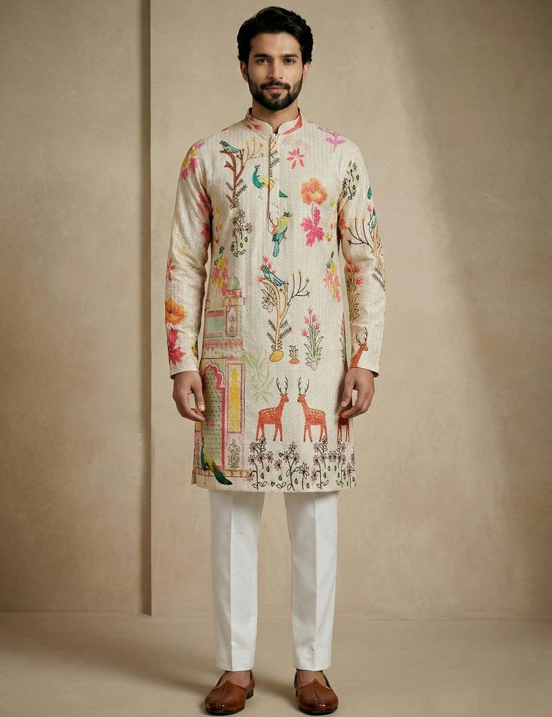 Multicolor mix cotton with schiffli work & digital print premium designer festive wear kurta trouser set