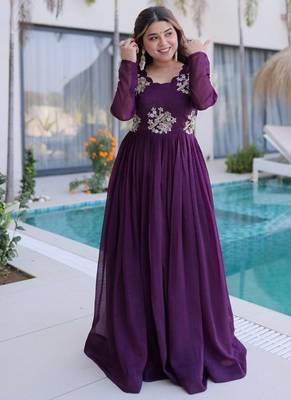 deep purple beaded embroidered crunchy silk long kurti 2