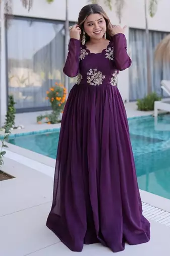 deep purple beaded embroidered crunchy silk long kurti