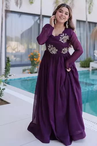 deep purple beaded embroidered crunchy silk long kurti