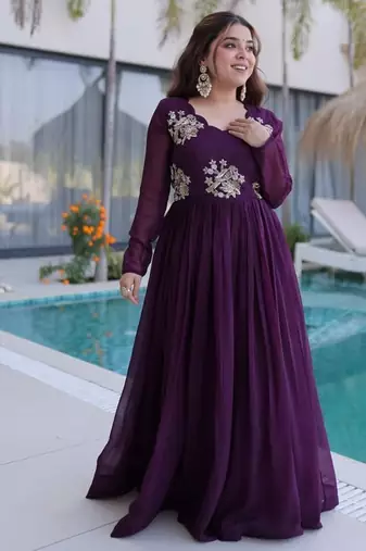 deep purple beaded embroidered crunchy silk long kurti