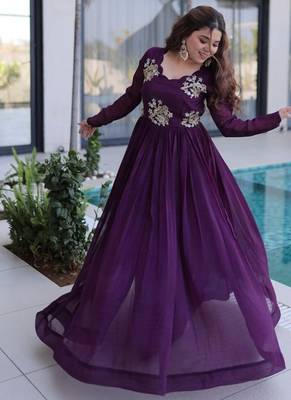 deep purple beaded embroidered crunchy silk long kurti 5