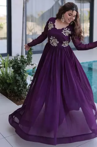 deep purple beaded embroidered crunchy silk long kurti