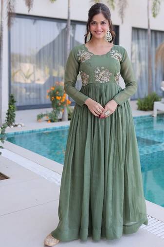 Green Crunchy with Beads embroidery-work long kurti