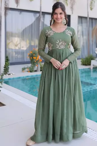 Green Crunchy with Beads embroidery-work long kurti