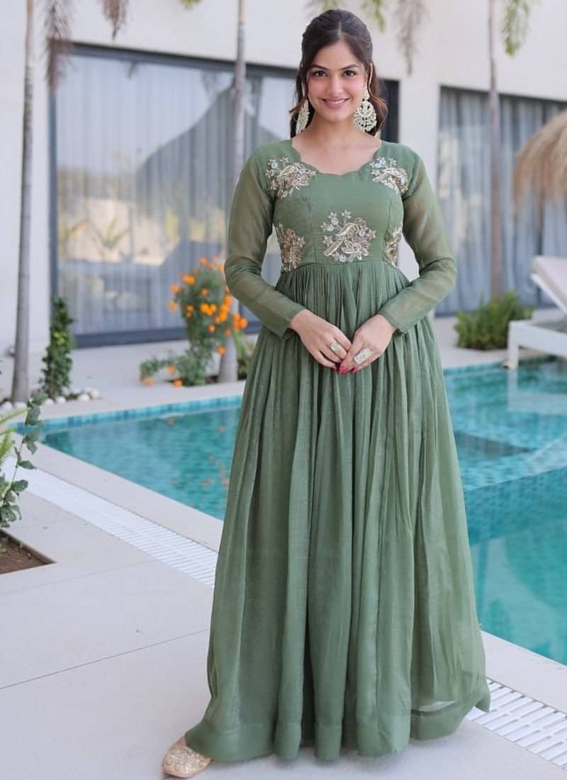 Green Crunchy with Beads embroidery-work long kurti