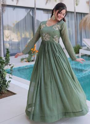 sage green beaded embroidered crunchy silk long kurti 3