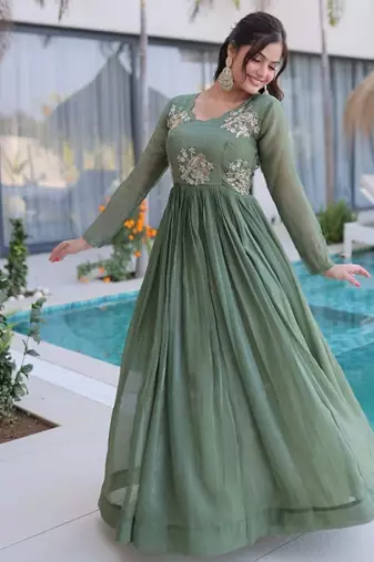 sage green beaded embroidered crunchy silk long kurti