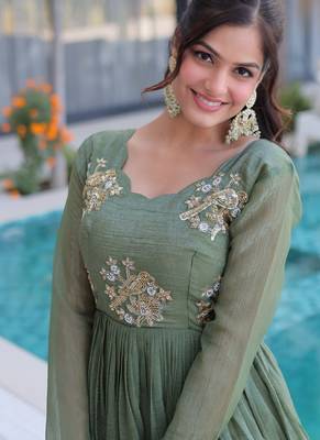 sage green beaded embroidered crunchy silk long kurti 5