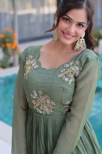 sage green beaded embroidered crunchy silk long kurti
