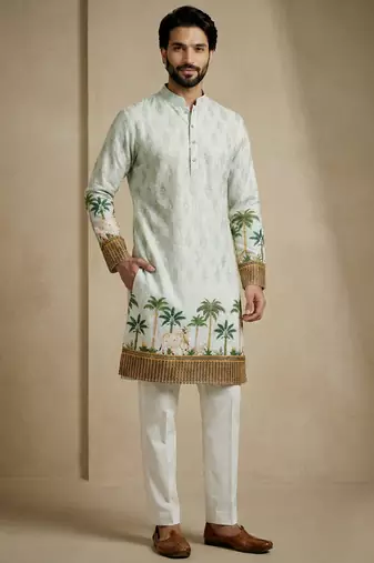 schiffli & tropical print cotton kurta trouser set