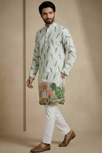 multicolor peacock print designer kurta trouser set