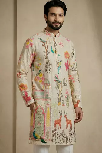 multicolor schiffli & nature print designer kurta trouser set