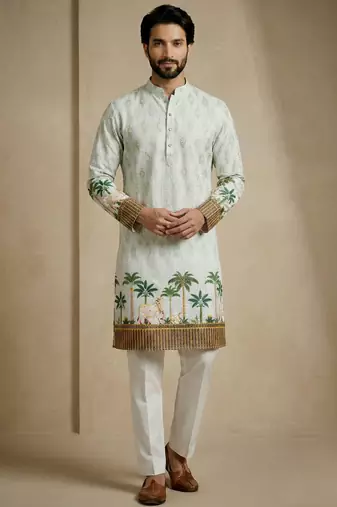 schiffli & tropical print cotton kurta trouser set