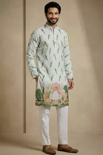 multicolor peacock print designer kurta trouser set