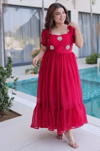 fuchsia pink beaded embroidered fendi silk long kurti