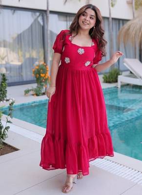 fuchsia pink beaded embroidered fendi silk long kurti 3